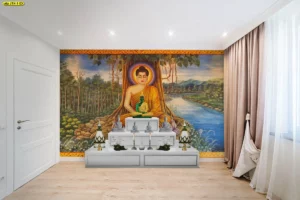 ภาพพิมพ์จิตรกรรมลายพระพุทธเจ้าประทับนั่งใต้ต้นโพธิ์ริมน้ำสำหรับตกแต่งห้องพระสไตล์โมเดิร์นให้ดูร่มเย็นสิริมงคล