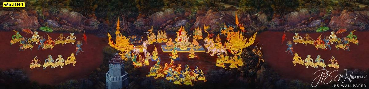 วอลเปเปอร์ลายภาพวาดจิตรกรรมไทยขบวนเสด็จมงคลพิมพ์ลายสีทองบนพื้นสีเข้มช่วยเสริมความโอ่อ่าให้ผนังห้องพระและห้องรับแขกชั้นสูง