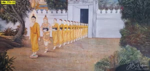 ภาพพิมพ์พุทธประวัติงานจิตรกรรมไทยเหตุการณ์พุทธกิจของพระพุทธเจ้าสำหรับการตกแต่งผนังสถานปฏิบัติธรรมให้ดูขลังและสวยงาม