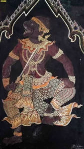 รูปหนุมานทรงเครื่องสีมงคลตามวันเกิดกายสีแดงเลือดหมูตัดเส้นสีทองหนาภาพวาดสไตล์ไทยดั้งเดิมที่ดูเข้มขลังและศักดิ์สิทธิ์