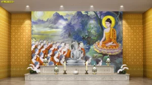 ภาพพิมพ์จิตรกรรมลายพระพุทธเจ้าประทับนั่งขัดสมาธิท่ามกลางพระสาวกในบรรยากาศขุนเขาและธรรมชาติช่วยเสริมความสงบนิ่งให้กับห้องพระสไตล์หรูหรา