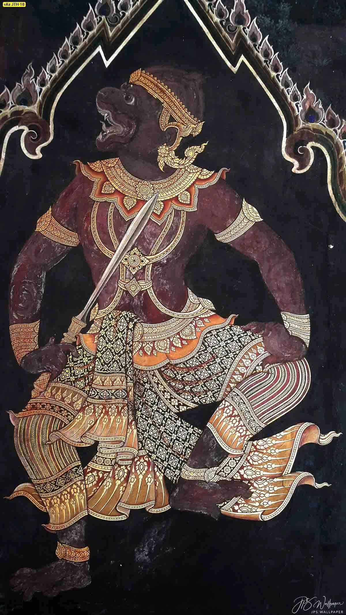 รูปหนุมานทรงเครื่องสีมงคลตามวันเกิดกายสีแดงเลือดหมูตัดเส้นสีทองหนาภาพวาดสไตล์ไทยดั้งเดิมที่ดูเข้มขลังและศักดิ์สิทธิ์