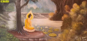 รูปพระพุทธเจ้าติดผนังห้องพระขนาดใหญ่แสดงพุทธประวัติขณะประทับนั่งวิปัสสนากรรมฐานริมแม่น้ำด้วยลายเส้นจิตรกรรมไทยที่มีความประณีตและดูอ่อนช้อย