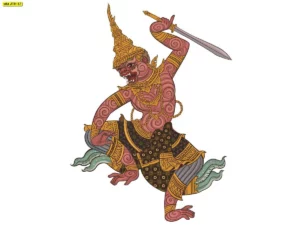 รับพิมพ์สติ๊กเกอร์ 3M ลายศิลปะไทยติดกระจกรูปหนุมานกายสีแดงชมพูในท่าทางก้าวกระโดดลายเส้นกราฟิกคมชัดสวยงามทันสมัย