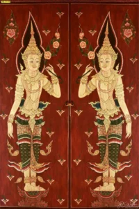 ภาพเทวดาพนมมือถือดอกบัวลายเส้นสีทองบนพื้นสีแดงสดประดับตกแต่งด้วยลวดลายดอกไม้ไทยเหมาะอย่างยิ่งสำหรับงานพิมพ์ติดบานประตูหน้าต่างในห้องสวดมนต์