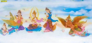 ภาพพิมพ์แคนวาสลายเทวดานางฟ้าเหาะบนปุยเมฆ สไตล์พาสเทลอ่อนช้อยสำหรับห้องพระยุคใหม่ที่ต้องการความสบายตาและศรัทธา