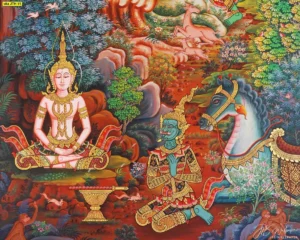 ภาพวาดพระพุทธเจ้าขณะทรงบำเพ็ญเพียรในป่าหิมพานต์แวดล้อมด้วยสัตว์มงคลและรุกขเทวดาเป็นภาพพิมพ์ลายจิตรกรรมฝาผนังที่ช่วยเสริมสมาธิและการเจริญสติ