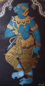 วอลเปเปอร์ลายหนุมานกายสีฟ้าครามเครื่องทรงสีทองภาพศิลปะไทยที่ช่วยสร้างความสงบและร่มเย็นเมื่อติดตั้งในห้องพระ