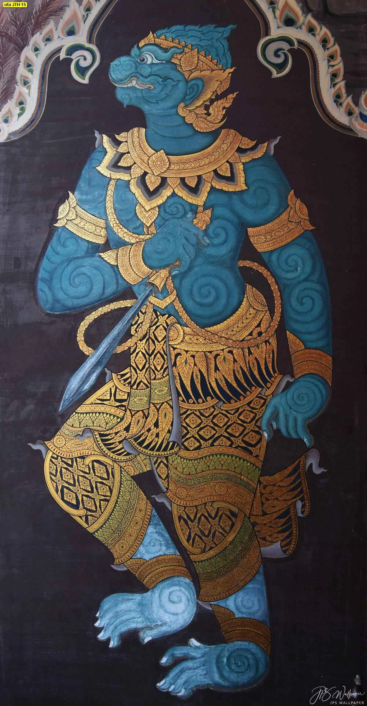 วอลเปเปอร์ลายหนุมานกายสีฟ้าครามเครื่องทรงสีทองภาพศิลปะไทยที่ช่วยสร้างความสงบและร่มเย็นเมื่อติดตั้งในห้องพระ