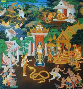 ภาพจิตรกรรมไทยแสดงพุทธประวัติตอนสำคัญที่รวมเอาเหล่ากษัตริย์และเทวดาไว้ในฉากเดียวกันมีความละเอียดสูงเหมาะสำหรับตกแต่งผนังขนาดใหญ่ในสถานปฏิบัติธรรม