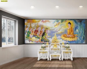 ภาพพิมพ์พุทธประวัติงานจิตรกรรมไทยตกแต่งผนังห้องพระขนาดใหญ่เคียงคู่กับโต๊ะหมู่บูชาสีขาวทองในบ้านที่ออกแบบสถาปัตยกรรมสไตล์โมเดิร์นคลาสสิก