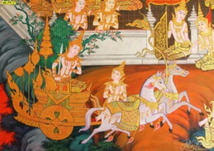 ภาพพิมพ์ลายไทยพระโพธิสัตว์ประทับบนราชรถสีทองที่ลากโดยม้าสีขาวงามสง่าท่ามกลางขบวนเทพพนมช่วยเสริมบารมีและอำนาจวาสนาให้แก่เจ้าของบ้านที่อัญเชิญไปติด