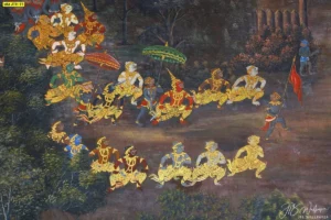 วอลเปเปอร์ลายวรรณคดีไทยฉากขบวนทัพยักษ์ในป่าลึก สีสันคลาสสิกดั้งเดิมเหมาะสำหรับการตกแต่งผนังประธานในห้องรับแขกไทย
