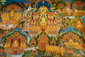 ภาพพิมพ์ลายจิตรกรรมฝาผนังแสดงพุทธประวัติตอนรวมเทพเทวาพนมมือไหว้ที่ประดิษฐานอย่างวิจิตรบรรจงบนฉากหลังสีทองอร่ามประดับในห้องพระเพื่อเสริมมงคล