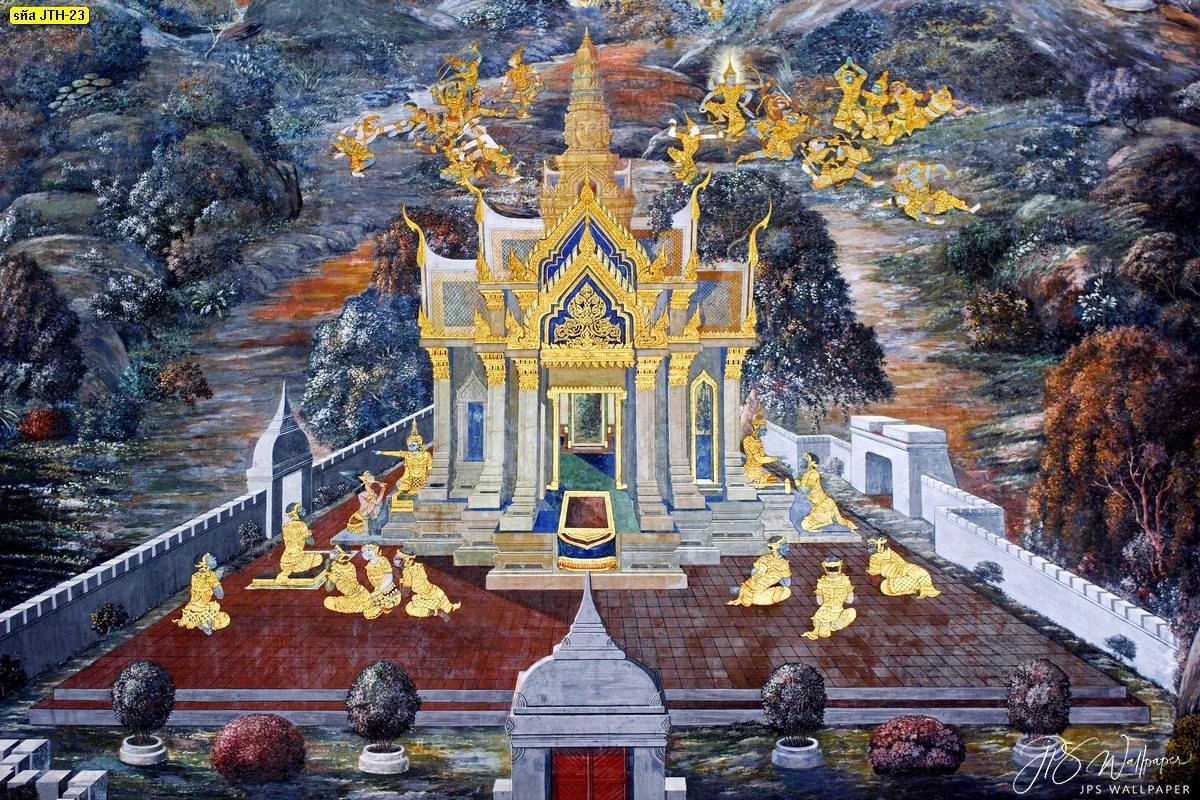 วอลเปเปอร์ลายรามเกียรติ์ฉากพลับพลาประทับสีทองท่ามกลางแมกไม้วิจิตรบรรจงสำหรับติดตั้งตกแต่งในห้องพระและโถงรับรอง