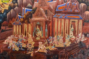 ภาพจิตรกรรมฝาผนังลายไทยตอนยกรบพิมพ์ลงบนวอลเปเปอร์คุณภาพสูงแสดงรายละเอียดเหล่ายักษ์และตัวละครไทยอย่างประณีตชัดเจน
