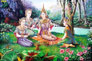 ภาพวาดจิตรกรรมไทยเหล่าเทพธิดาในสวนดอกไม้สีสันละมุนตาเหมาะสำหรับสั่งพิมพ์วอลเปเปอร์ภาพลายไทยตามขนาดพื้นที่เพื่อสร้างความรื่นรมย์
