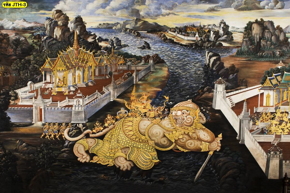 วอลเปเปอร์ลายภาพวาดจิตรกรรมฉากหนุมานอมพลับพลาขนาดใหญ่ถ่ายทอดเรื่องราวรามเกียรติ์ด้วยลายเส้นประณีตเพื่อการตกแต่งภายในที่โดดเด่น