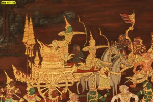 วอลเปเปอร์วรรณคดีไทยลายรามเกียรติ์ภาพจิตรกรรมผนังห้องพระลายพระรามแผลงศรบนรถศึกสีทองประณีตสวยงามช่วยเสริมบารมี