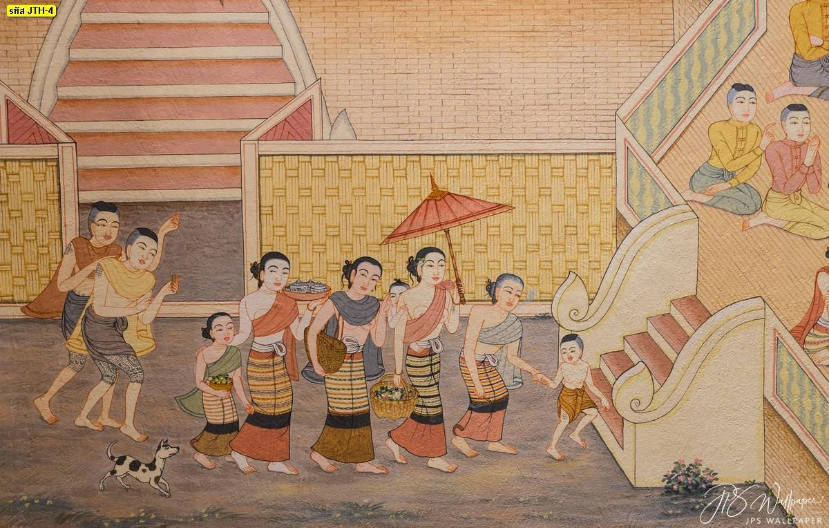 ภาพวาดลายเส้นไทยโบราณถ่ายทอดวิถีชีวิตชาวบ้านเดินขบวนแห่ในงานบุญประเพณีใช้สำหรับตกแต่งผนังห้องพระให้บรรยากาศที่อบอุ่นและสะท้อนวัฒนธรรมไทยดั้งเดิม