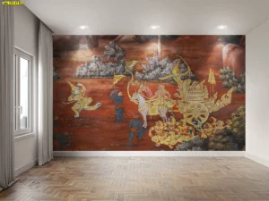 ตัวอย่างการตกแต่งห้องพระด้วยวอลเปเปอร์วรรณคดีไทยลายรามเกียรติ์จำลองงานสถาปัตยกรรมไทยร่วมสมัยที่ดูหรูหราและสง่างาม