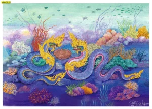 วอลเปเปอร์ลายป่าหิมพานต์และพญานาคสีน้ำเงินทองในโลกใต้บาดาลล้อมรอบด้วยปะการังช่วยเสริมพลังอำนาจและบารมีให้แก่ผู้ที่ศรัทธาพญานาค