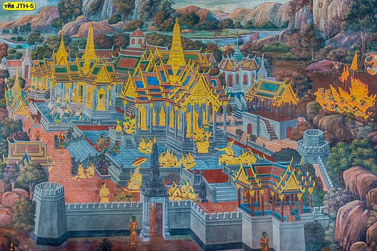 ภาพจำลองสถาปัตยกรรมวัดไทยและพระบรมมหาราชวังในวอลเปเปอร์ลายภาพวาดจิตรกรรมช่วยให้ห้องพระดูมีมิติและดูศักดิ์สิทธิ์สมบูรณ์แบบที่สุด