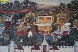 รูปติดผนังห้องพระลายไทยประยุกต์พิมพ์ลายฉากพระราชวังโบราณโทนสีนุ่มนวลช่วยสร้างบรรยากาศสงบและศักดิ์สิทธิ์ภายในบ้าน