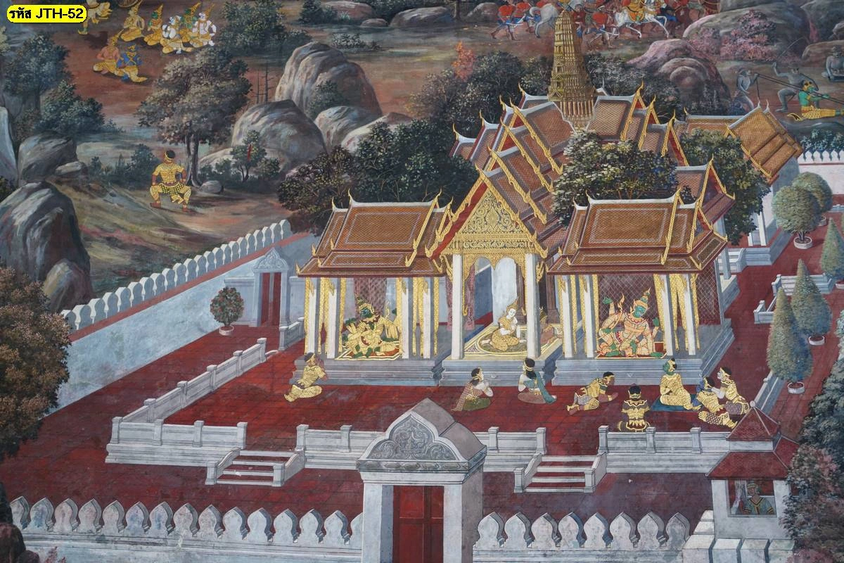 วอลเปเปอร์ติดผนังห้องพระลายรามเกียรติ์ฉากพลับพลาทองคำท่ามกลางขุนเขาและสวนแมกไม้ที่ดูสงบร่มเย็น