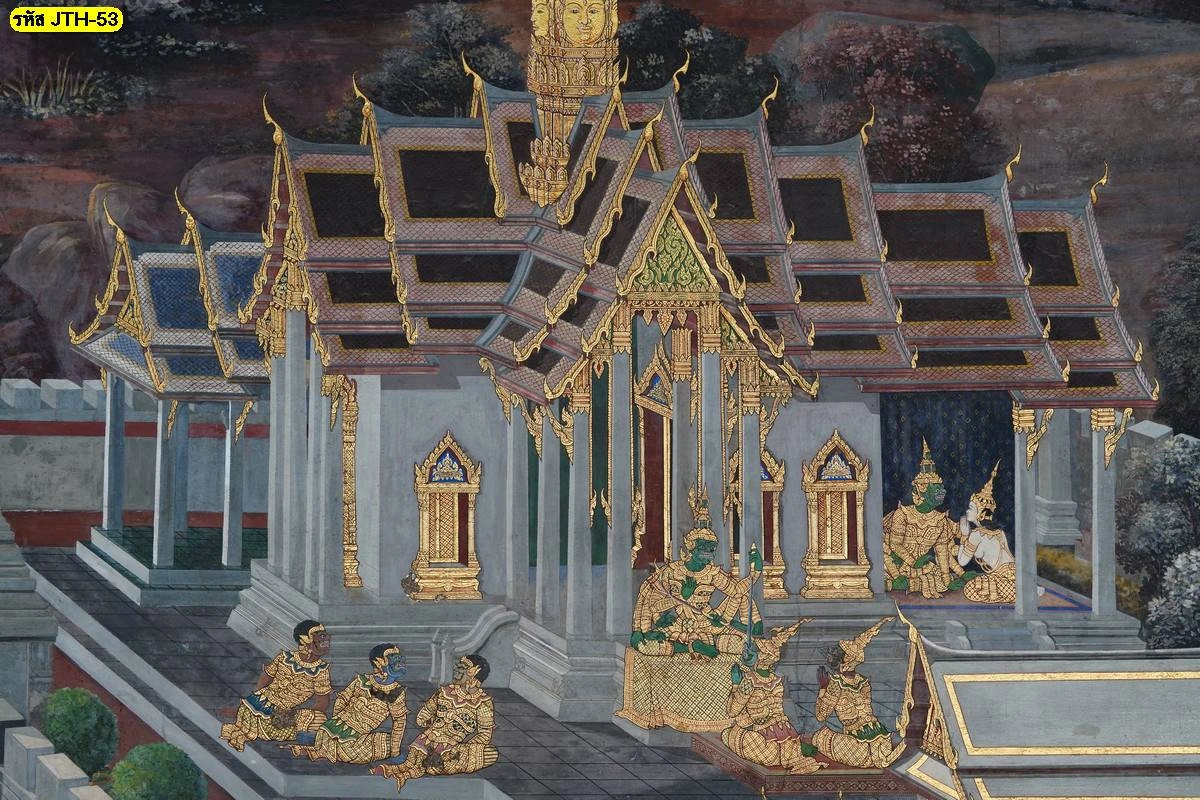 ภาพวาดจิตรกรรมฝาผนังรามเกียรติ์ฉากปราสาทไทยที่ประณีตด้วยลายเส้นสีทองคมชัดบนวัสดุเกรดพรีเมียม