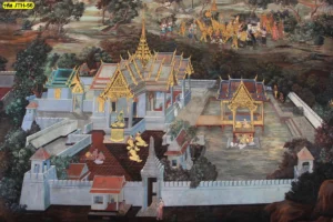 วอลเปเปอร์ติดผนังห้องพระลายรามเกียรติ์ฉากศาลาไทยริมน้ำเน้นลายเส้นทองเหลืองอร่ามเพื่อการตกแต่งภายในที่ดูหรูหรา