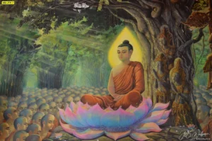 ภาพพิมพ์พุทธประวัติงานจิตรกรรมไทยปางตรัสรู้ท่ามกลางเหล่าพุทธบริษัทช่วยสร้างบรรยากาศสงบภายในห้องสวดมนต์ของครอบครัว