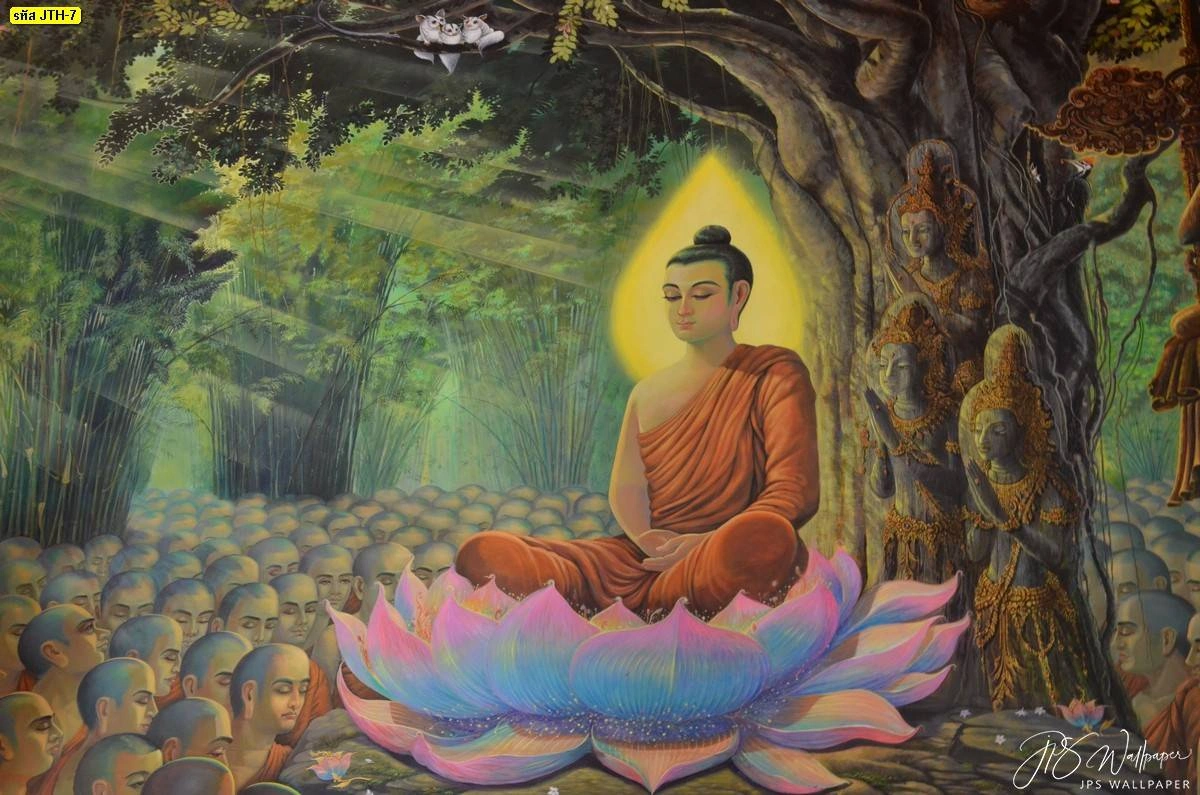 ภาพพิมพ์พุทธประวัติงานจิตรกรรมไทยปางตรัสรู้ท่ามกลางเหล่าพุทธบริษัทช่วยสร้างบรรยากาศสงบภายในห้องสวดมนต์ของครอบครัว