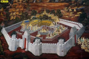 ภาพพิมพ์แคนวาสลายสถาปัตยกรรมไทยในวังโบราณแวดล้อมด้วยเทวดา งานศิลปะตกแต่งภายในพรีเมียมที่สะท้อนเอกลักษณ์ไทย