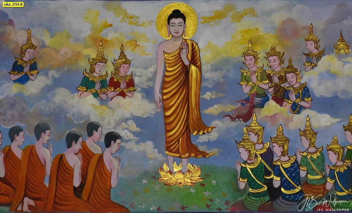 วอลเปเปอร์สั่งพิมพ์ลายพระพุทธเจ้าเสด็จลงจากสวรรค์ชั้นดาวดึงส์พร้อมเหล่าเทวดาเพื่อเสริมความเป็นสิริมงคลให้แก่บ้าน