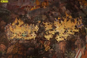 วอลเปเปอร์ลายวรรณคดีรามเกียรติ์ฉากกองทัพวานรและยักษ์ งานพุทธศิลป์ไทยสำหรับตกแต่งบ้านที่ต้องการความโดดเด่นไม่ซ้ำใคร