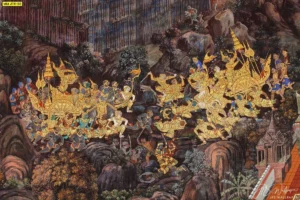 ภาพจิตรกรรมฝาผนังลายรามเกียรติ์ตกแต่งห้องพระแสดงเหตุการณ์ยกรบระหว่างกองทัพยักษ์และกองทัพลิงพิมพ์ลงบนวอลเปเปอร์ผ้า