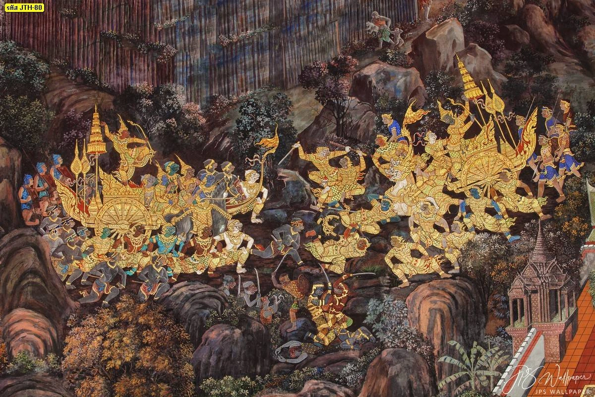 ภาพจิตรกรรมฝาผนังลายรามเกียรติ์ตกแต่งห้องพระแสดงเหตุการณ์ยกรบระหว่างกองทัพยักษ์และกองทัพลิงพิมพ์ลงบนวอลเปเปอร์ผ้า