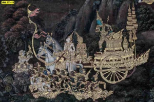 ภาพจิตรกรรมไทยลายริ้วขบวนพระราชรถและเหล่ายักษ์แบก สั่งพิมพ์ตามขนาดพื้นที่สำหรับตกแต่งสถานประกอบการที่เน้นความเป็นไทย