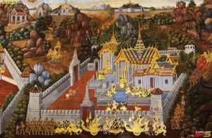 ภาพวาดจิตรกรรมฝาผนังรามเกียรติ์สำหรับตกแต่งภายในฉากขบวนทัพรถศึกสีทองอร่ามบนวัสดุพรีเมียมมีความทนทานและทำความสะอาดง่าย