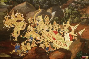 ภาพพระรามรบสั่งพิมพ์ตามขนาดบนวอลเปเปอร์ลายไทยย้อนยุคแสดงฉากการต่อสู้ที่วิจิตรบรรจงด้วยโทนสีทองและน้ำตาลดูขลัง