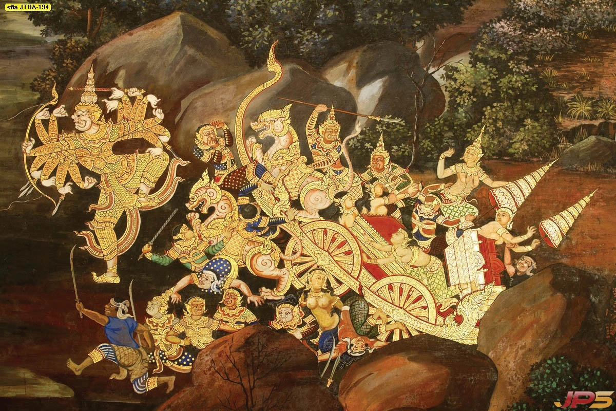 ภาพพระรามรบสั่งพิมพ์ตามขนาดบนวอลเปเปอร์ลายไทยย้อนยุคแสดงฉากการต่อสู้ที่วิจิตรบรรจงด้วยโทนสีทองและน้ำตาลดูขลัง