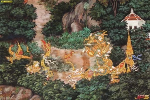 วอลเปเปอร์ลายวรรณคดีไทยแนวย้อนยุคภาพหนุมานและกองทัพลิงในป่าหิมพานต์พิมพ์ด้วยหมึกแท้คุณภาพสูงติดทนนานไม่ซีดจาง