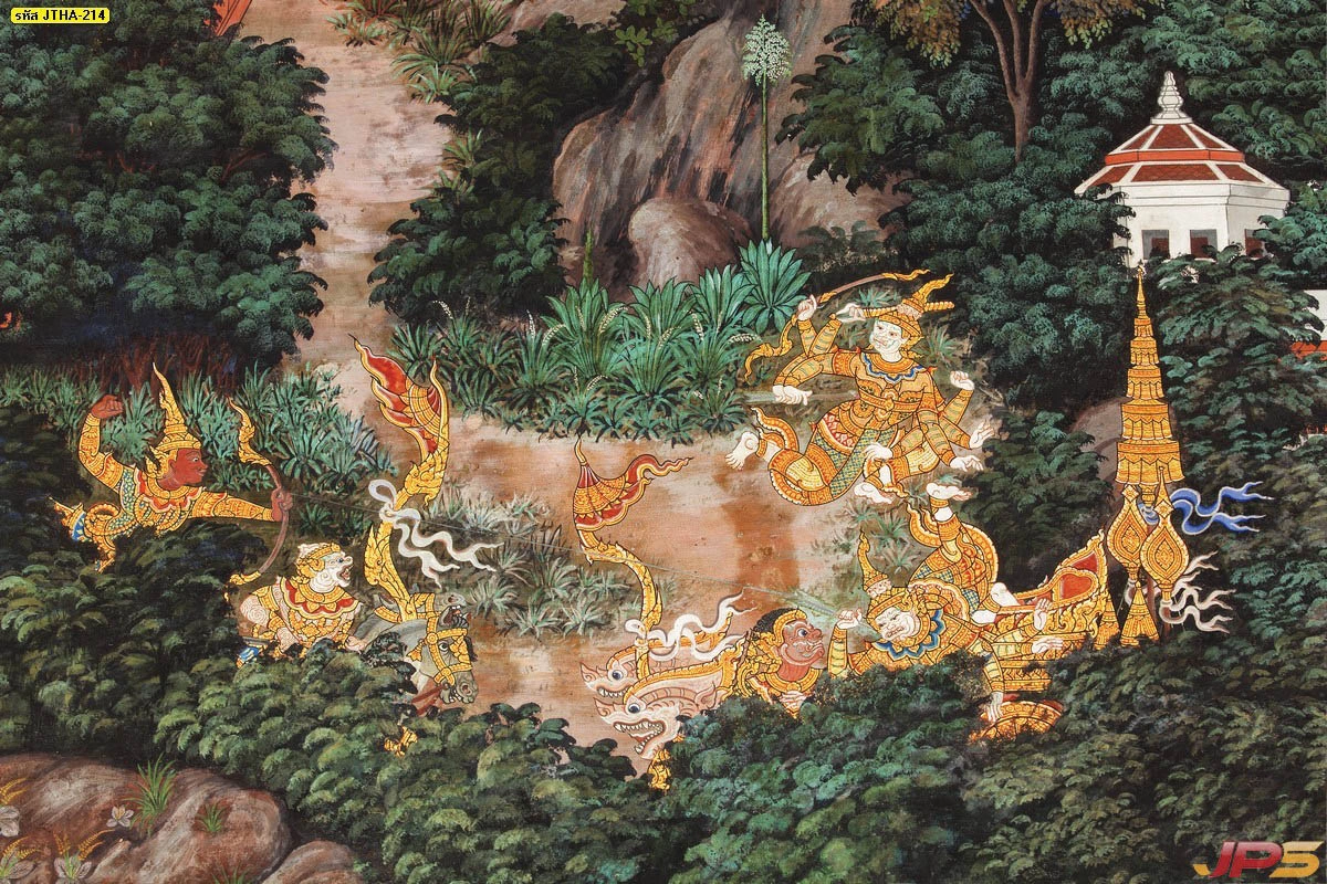 วอลเปเปอร์ลายวรรณคดีไทยแนวย้อนยุคภาพหนุมานและกองทัพลิงในป่าหิมพานต์พิมพ์ด้วยหมึกแท้คุณภาพสูงติดทนนานไม่ซีดจาง