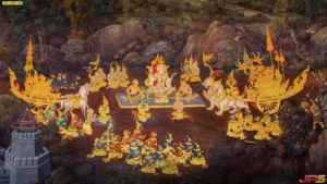 วอลเปเปอร์วรรณคดีไทยลายรามเกียรติ์ตอนพระพรหมเสด็จลงมาในกองทัพใช้ตกแต่งห้องพระเพื่อความเป็นสิริมงคลสูงสุดแก่ผู้อยู่อาศัย