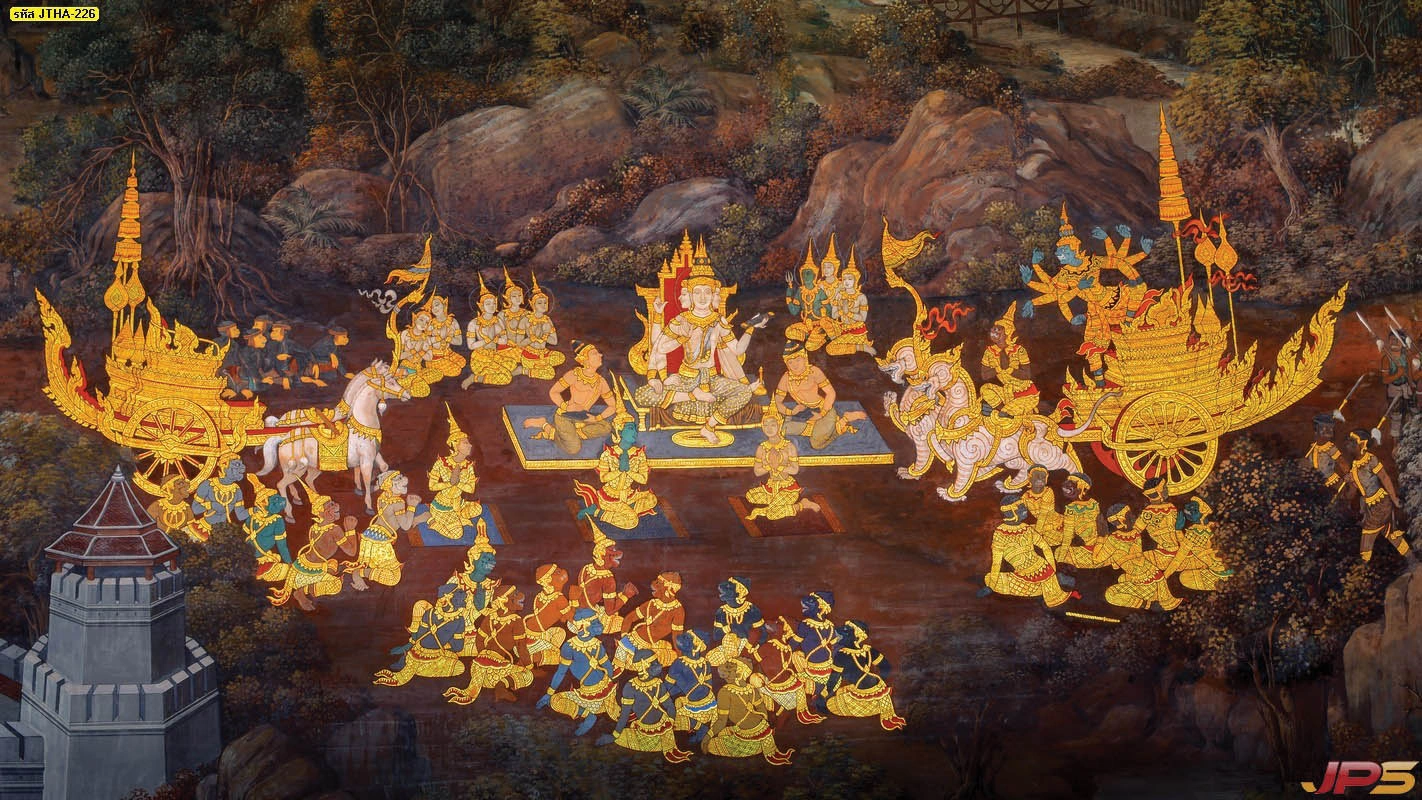 วอลเปเปอร์วรรณคดีไทยลายรามเกียรติ์ตอนพระพรหมเสด็จลงมาในกองทัพใช้ตกแต่งห้องพระเพื่อความเป็นสิริมงคลสูงสุดแก่ผู้อยู่อาศัย
