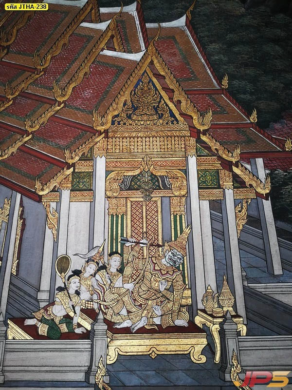 วอลเปเปอร์ภาพพระรามรบศัพย์ตอนประทับในปราสาทแสดงลายเส้นไทยแบบดั้งเดิมที่คมชัดช่วยเสริมภาพลักษณ์ห้องรับแขกให้ดูภูมิฐาน