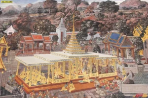 วอลเปเปอร์ลายรามเกียรติ์ฉากพิธีการในพลับพลาทองคำสีสันสดใสเนรมิตผนังห้องให้มีชีวิตชีวาและทรงคุณค่าทางวัฒนธรรมไทย