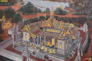 สั่งพิมพ์สติ๊กเกอร์ 3M ติดกระจกห้องพระลายไทยฉากพระปรางค์และวัดโบราณเพิ่มมิติความสวยงามให้กระจกด้วยงานศิลปะไทยชั้นครู