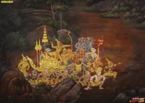 รับพิมพ์สติ๊กเกอร์ 3M ลายไทยติดกระจกห้องพระและวอลเปเปอร์สั่งพิมพ์ลายทศกัณฐ์บนรถศึกสีทองสวยงามตามแบบฉบับศิลปะไทย